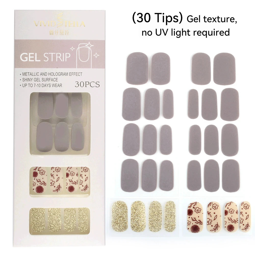 30 34Tips UV-Free Gel Nail Wraps Solid Glitter Stickers No Need UV Qme MK-30Z-DS38032
