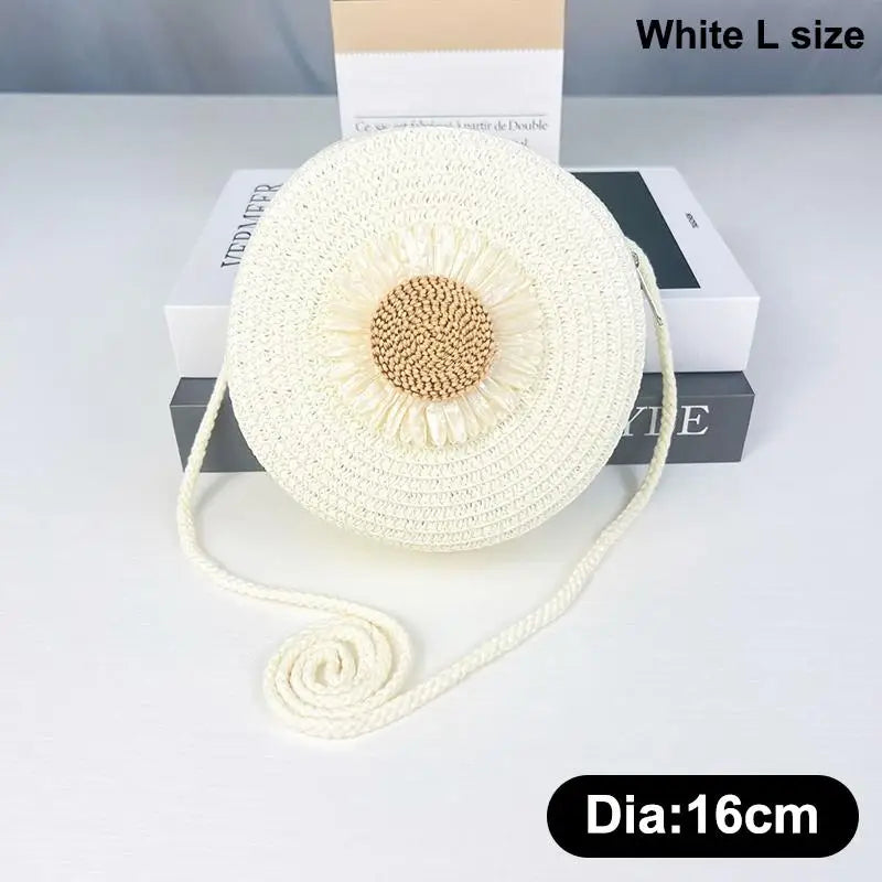 Floral Circle Straw Crossbody Bag: Vintage Mini Shoulder Purse with Graphic Decor for Women's Summer Beach & Casual Outings Qme White L