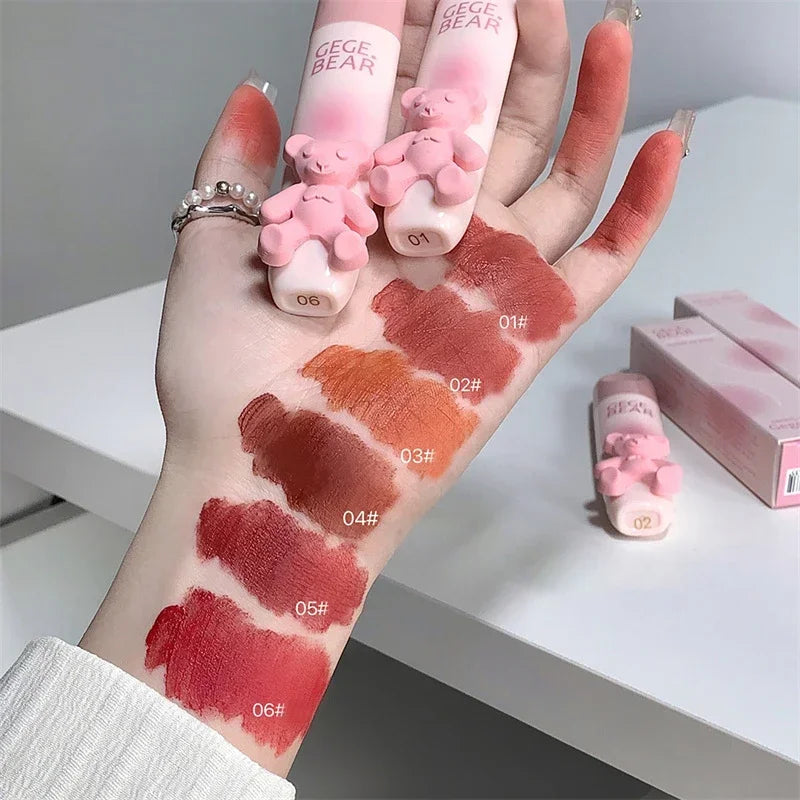 Cute Bear Lip Gloss Waterproof Long Lasting Non Fading Matte Lip Glaze Moisturing Non-marking Red Brown Velvet Liquid Lipsticks Qme