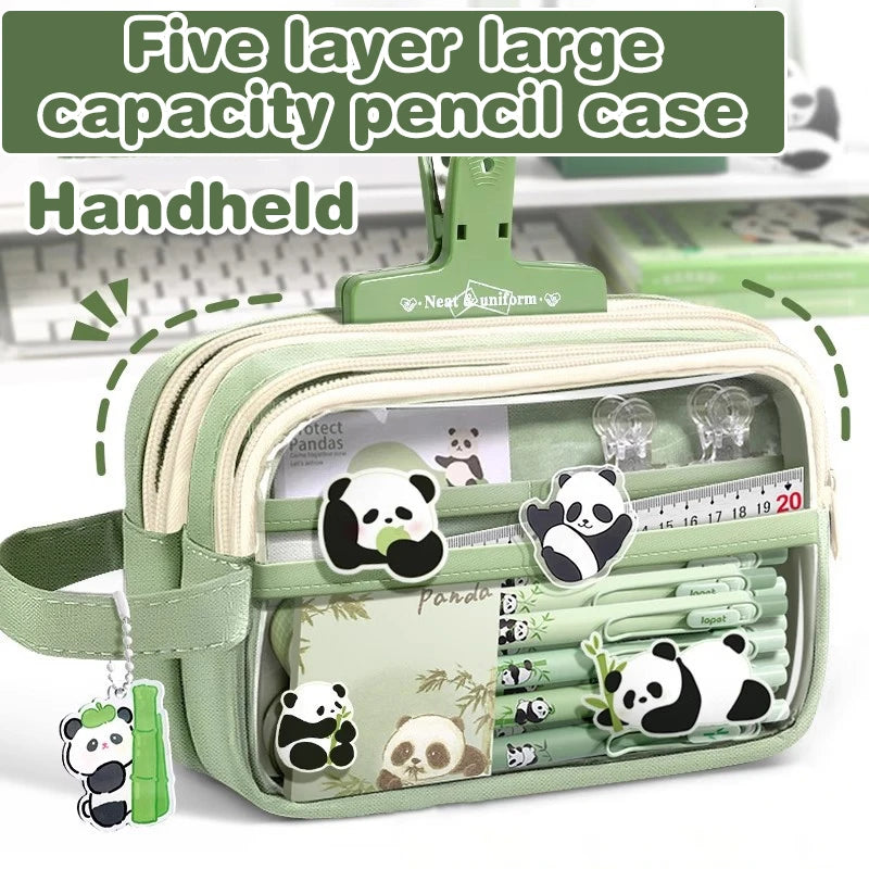 Handheld Double Layer Transparent Pencil Case Pen Bag Hitting Square Qme