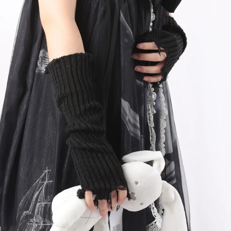 1Pair Punk Broken Unisex Gloves Knitted Ripped Oversleeves Warm Arm Qme