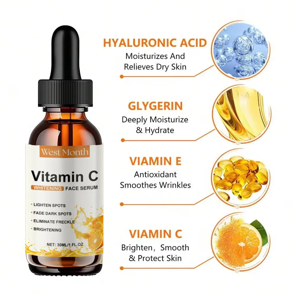 Vitamin C Whitening Serum Remove Freckles Dark Spots Face Essence Fade Melasma Melanin Brighten Repair Dull Skin Care Cosmetics Qme