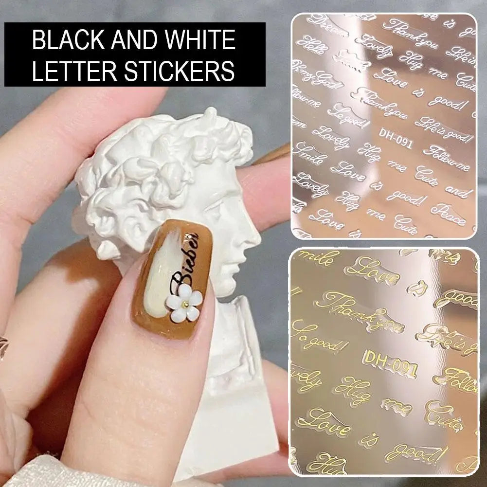 English Words Nail Art Stickers 3D Alphabet Decals DIY Metallic Gold Qme
