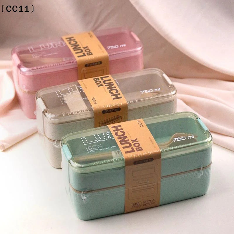 Double-layer Wheat Straw Lunch Box Fork Spoon Microwave Safe Portable Qme