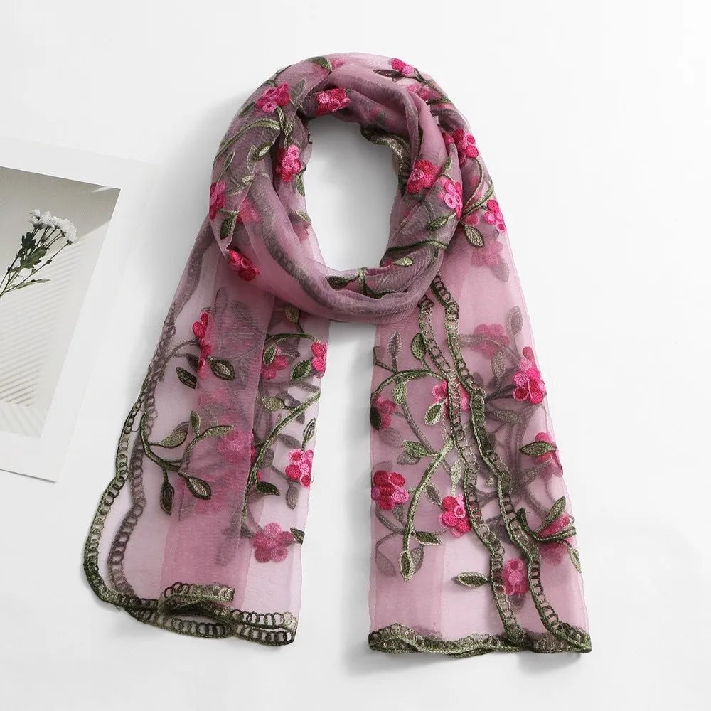 Ethnic Style Embroidered Floral Headwrap Breathable Lightweight Boho Sheer Shawl Skin-Friendly Soft Summer Hijab Qme Pink
