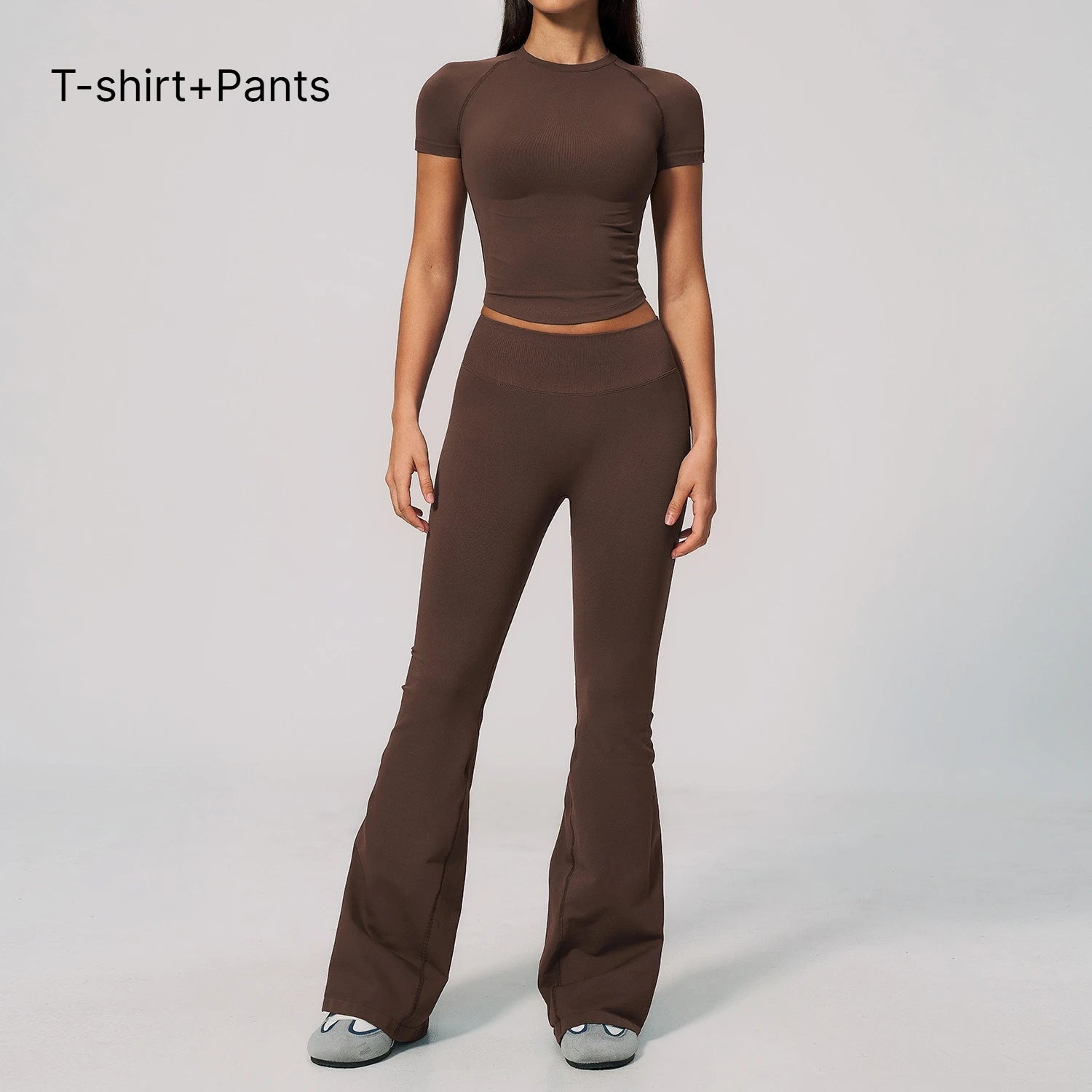 B New 2PCS Women Yoga Workout Suit, Short Sleeve Top with High Waist Flared Pants, Elastic Sportswear for Gym Cycling Fitness Qme 2pcs Brown XL