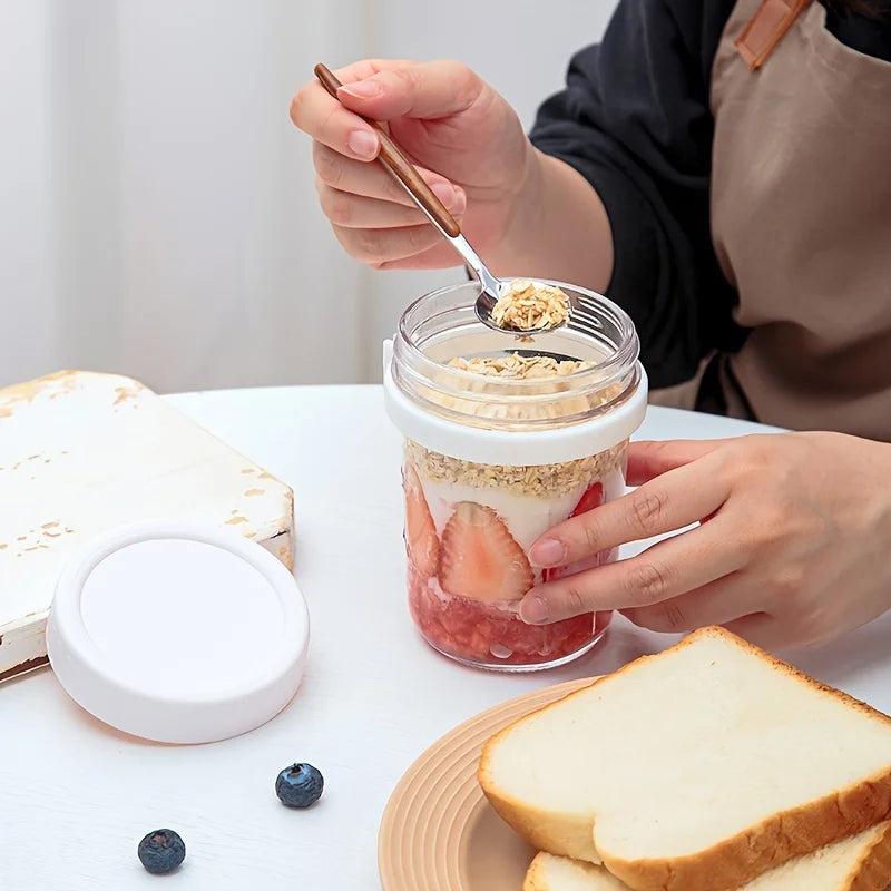 Glass Oatmeal Cup Overnight Oats Container Lid Spoon Cereal Milk Qme