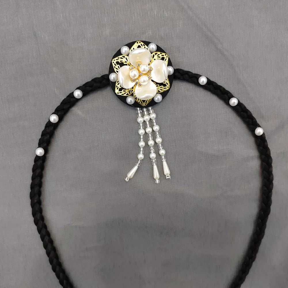 Retro Flower Hanbok Wig Headdress Pearl Traditional Korea Ethnic Qme Style2-Black