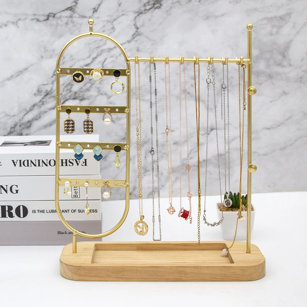 1 desktop solid wood base jewelry rack suitable for organizing and storing watches, earrings, bracelets, necklaces, etc Qme