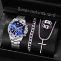 4PCS Large dial men's steel strap watch fashionable business white light glass digital quartz watch set Qme Silver Blue No Box