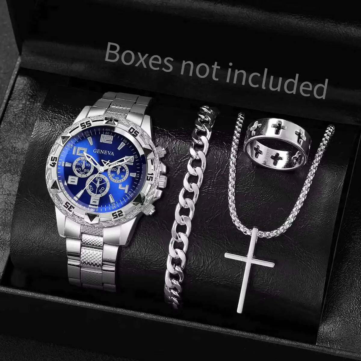 4PCS Large dial men's steel strap watch fashionable business white light glass digital quartz watch set Qme Silver Blue No Box