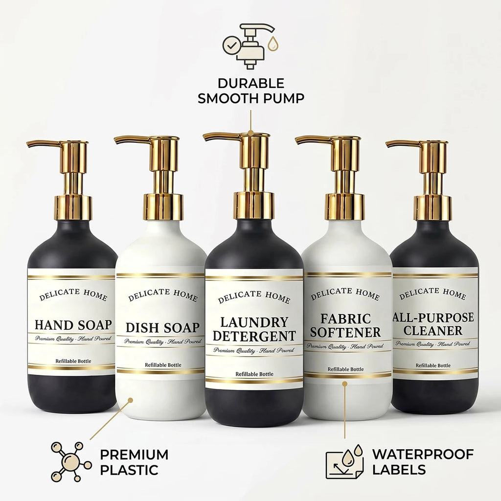 Set of 5 Refillable Shampoo Bottles 500ml Black White Plastic Shower Dispensers for Conditioner Body Wash Lotion Hand Soap Qme