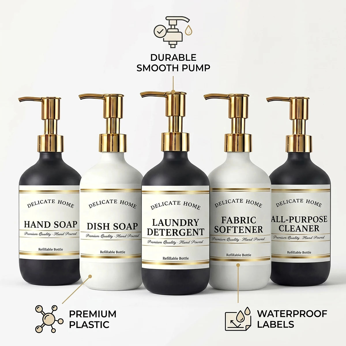 Set of 5 Refillable Shampoo Bottles 500ml Black White Plastic Shower Dispensers for Conditioner Body Wash Lotion Hand Soap Qme