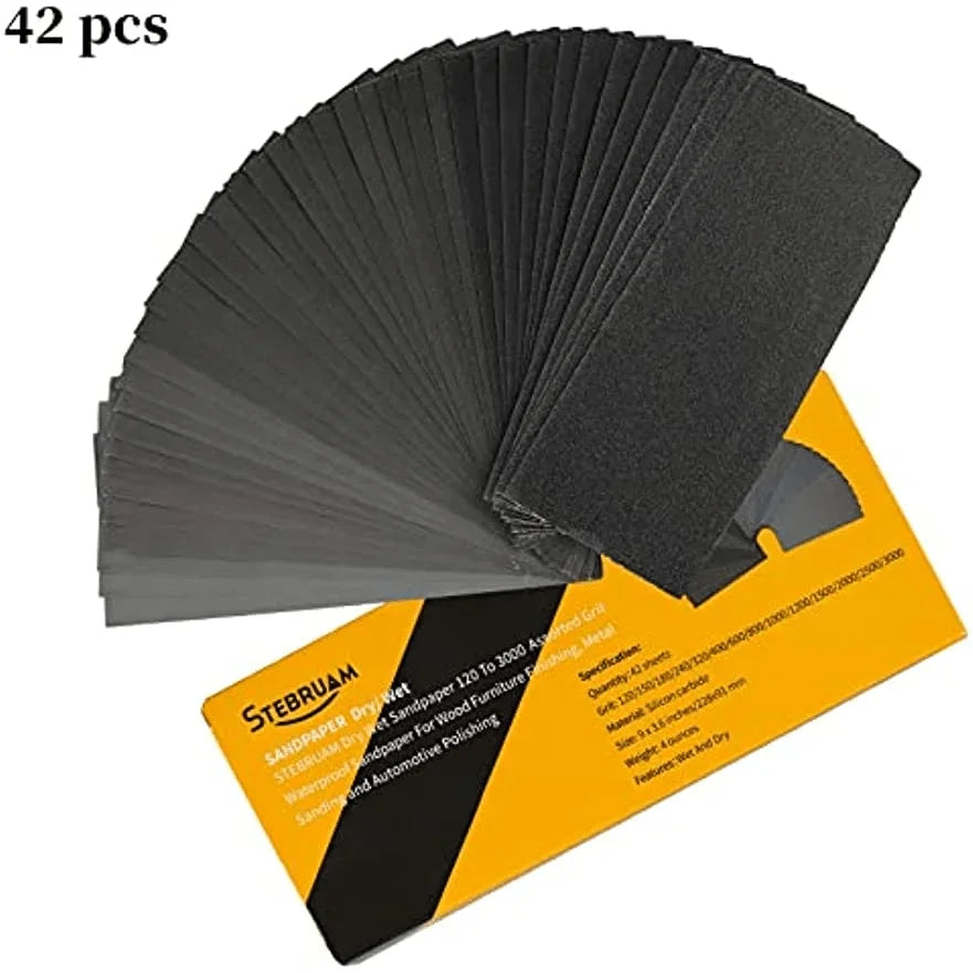 42pcs Wet And Dry Sanding Paper And Dry Sandpaper Waterproof For Wood Furniture Finishing Metal Sanding Automotive Polishing Qme