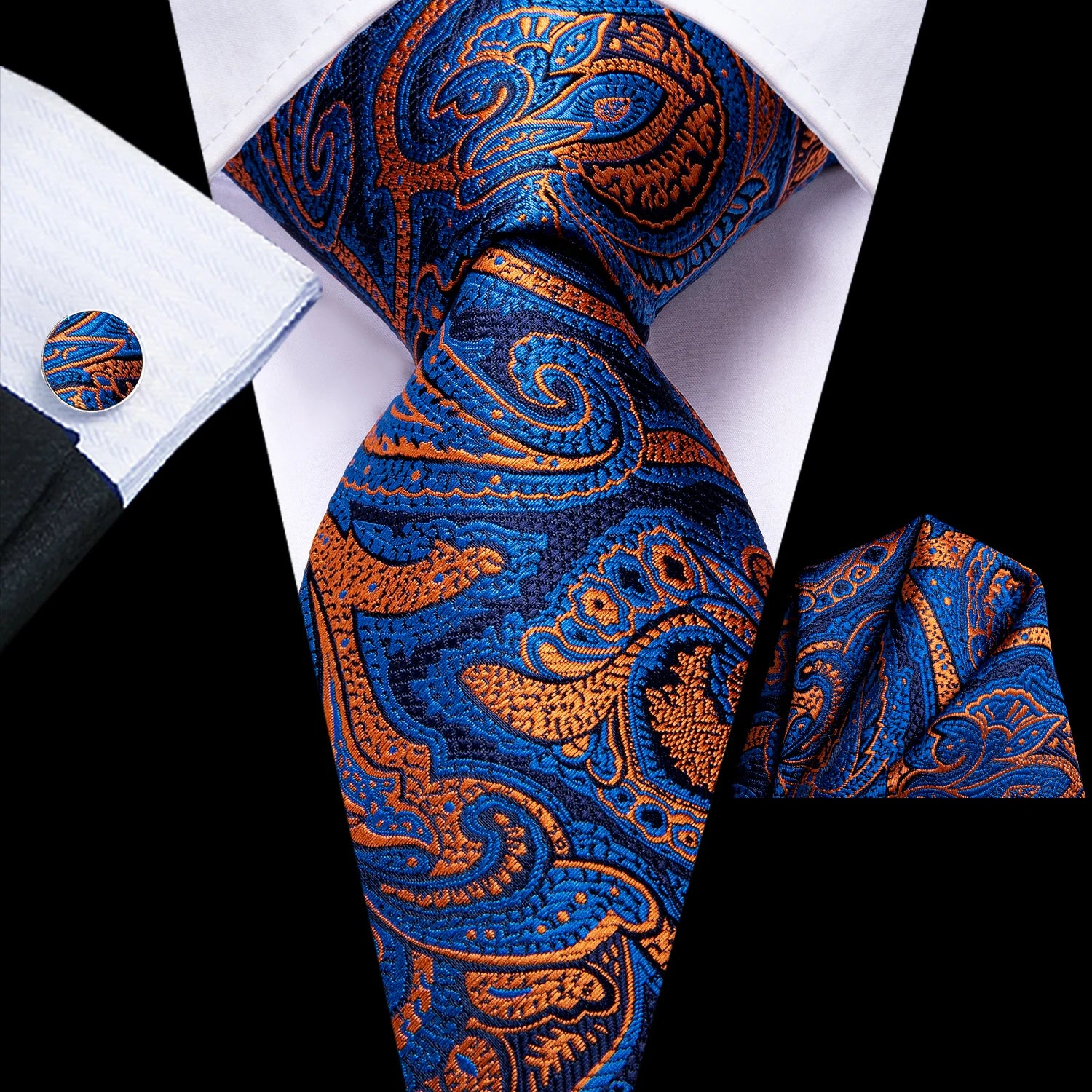 Hi-Tie Blue Orange Elegant Tie For Men Groom Wedding Necktie Pocket Square Cufflink Accessory Wholesale Designer Qme 3369