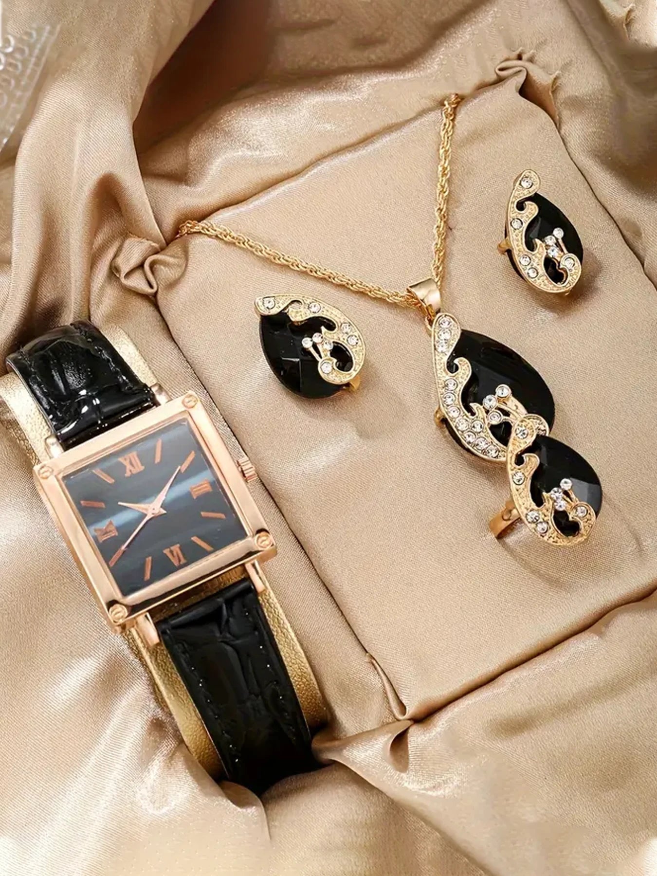 Vintage Hollow Rhinestone Edge Black Gem Matching Jewelry Watch Gift Set Qme black