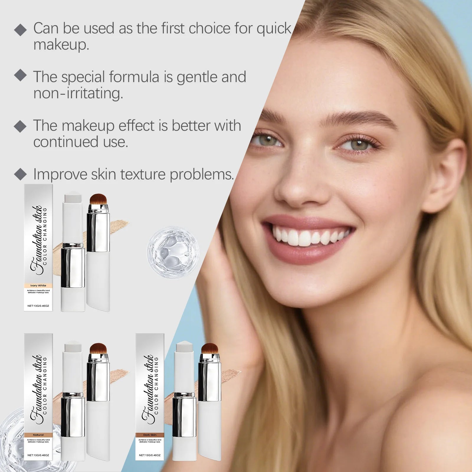 Foundation Make-Up Stick Double Head with Brush 3 Colors Lightweight Moisturizing Brighten Matte Concealer 2IN1 Foundation Stick Qme