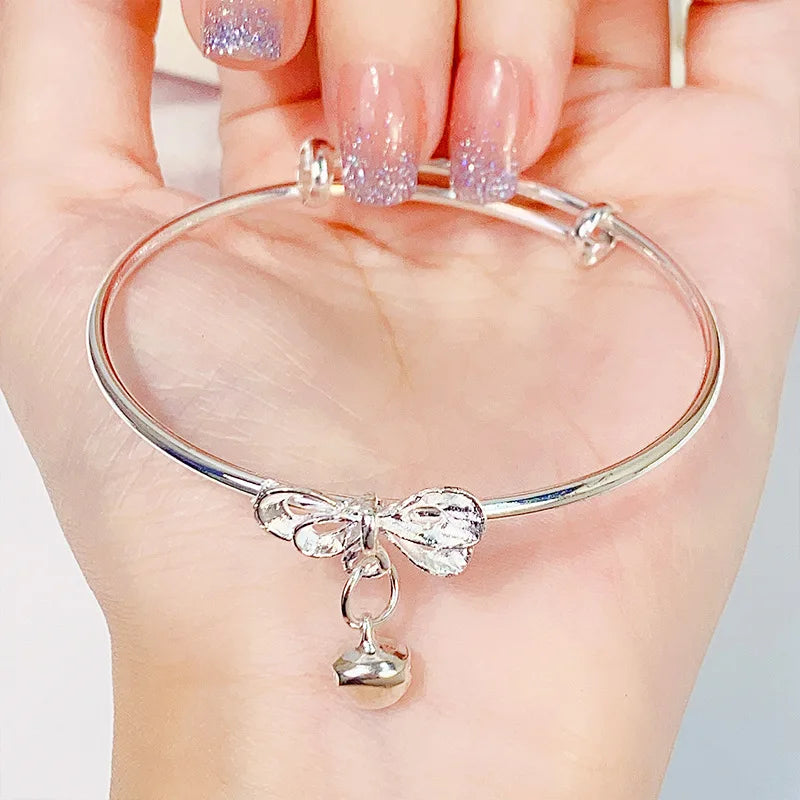 Simple and Irregular Titanium Steel Cute Open bangle Adjustable Butterfly Bell Bowknot Heart Shaped Women's Girl Bracelet Qme