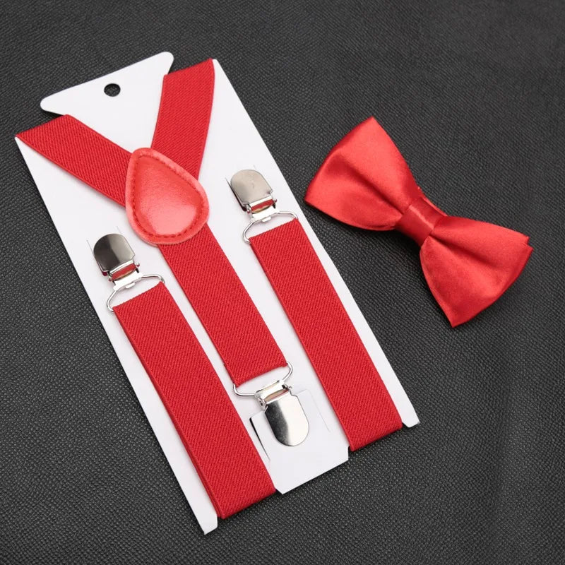 Kids Suspenders for Pants Bowtie Set Matching Tuxedo Suit Boy Girl Childs Black Adjustable Y-Back Brace Belt Wedding Accessories Qme Red