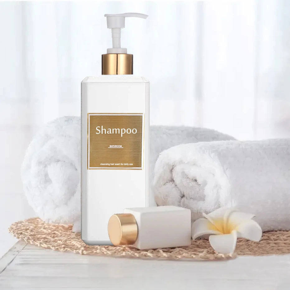 500ml/16.9oz Shampoo Dispenser Press Pump Bottle with Gold Waterproof Labels Bathroom Shampoo Conditioner Body Wash Bottles Qme