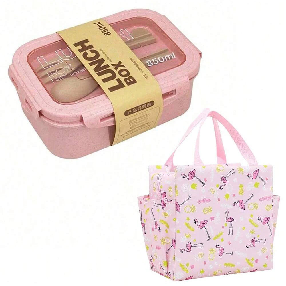 Wheat Straw Lunch Box Bento Students Portable Sealed Compartment Qme Pink with bag 2 2|800ml