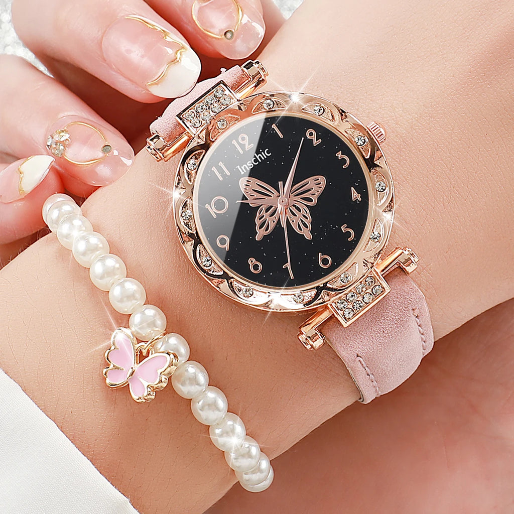 Women's Watch with Rhinestone Butterfly Dial, Leather Bracelet, Quartz Watches, Jewelry Set Without Box, Fashion, 6pcs Qme