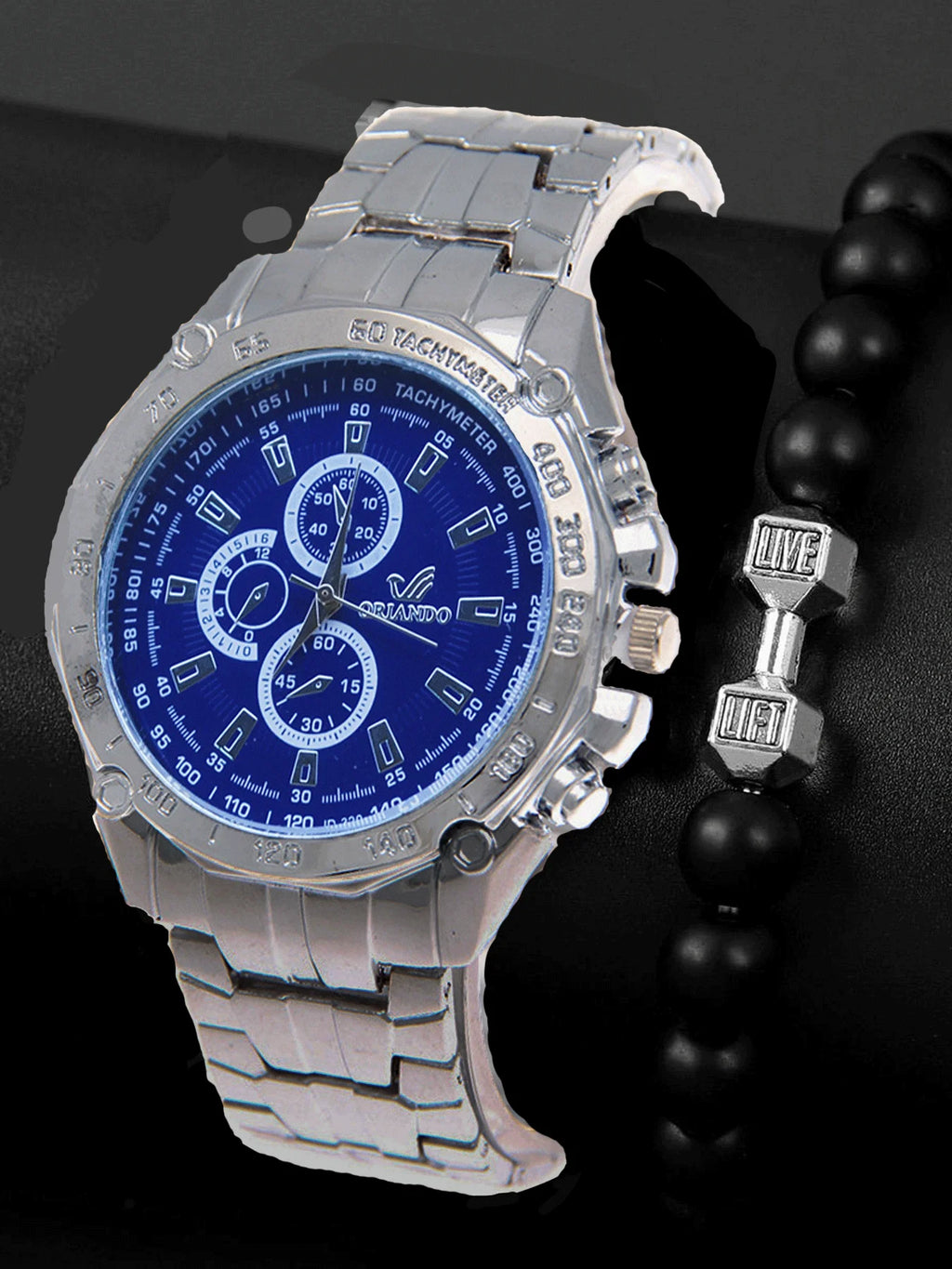 2-piece steel strap three eye men's watch precision scale business men's watch casual men's watch set Qme Blue No