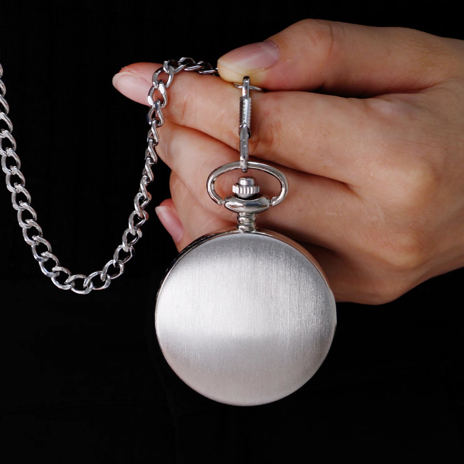 FOB Pocket Watch with Luxury Smooth Silver Pendant, Modern Analog Clock with Roman Numerals,Unisex Chain, Gift Qme