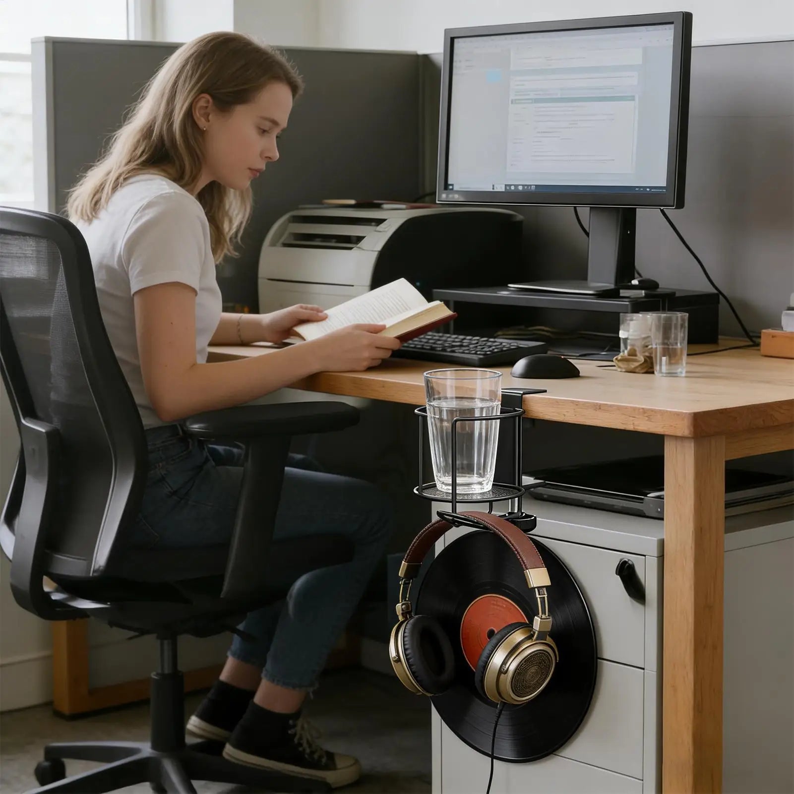 Cup Holder Desk 2-in-1 Drinks Mount Headphone Hanger Tabletop Desktop Qme