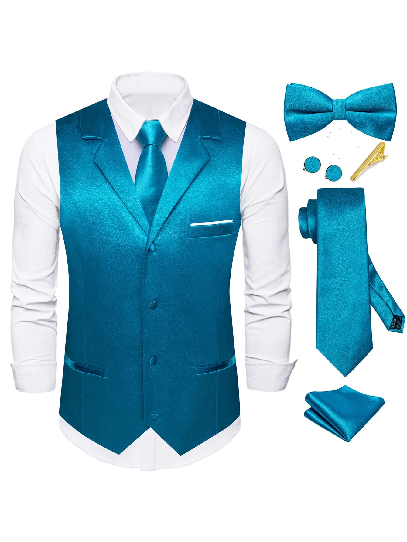 Men's Satin Vest Tie Hanky Cufflinks Bowtie Clip Formal Waistcoat Qme MJTZ3126-DPTLJ01 XXXL