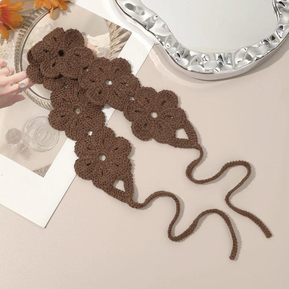 Cute French Knitted Headband Floral Retro Crochet Flower Hair Band Qme Brown
