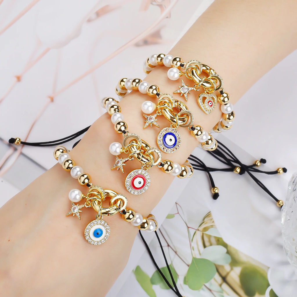Black Rope Braided Pearl Evil Eye Copper Bead Chain Bracelet Personalized For Man Woman Birthday Holiday Jewelry Prayer Gift Qme