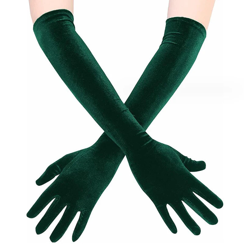 Women Velvet Long Autumn Winter Warm Black Evening Dress Etiquette Gloves Retro Style Banquet Accessories Elasticity Mittens Qme green one size