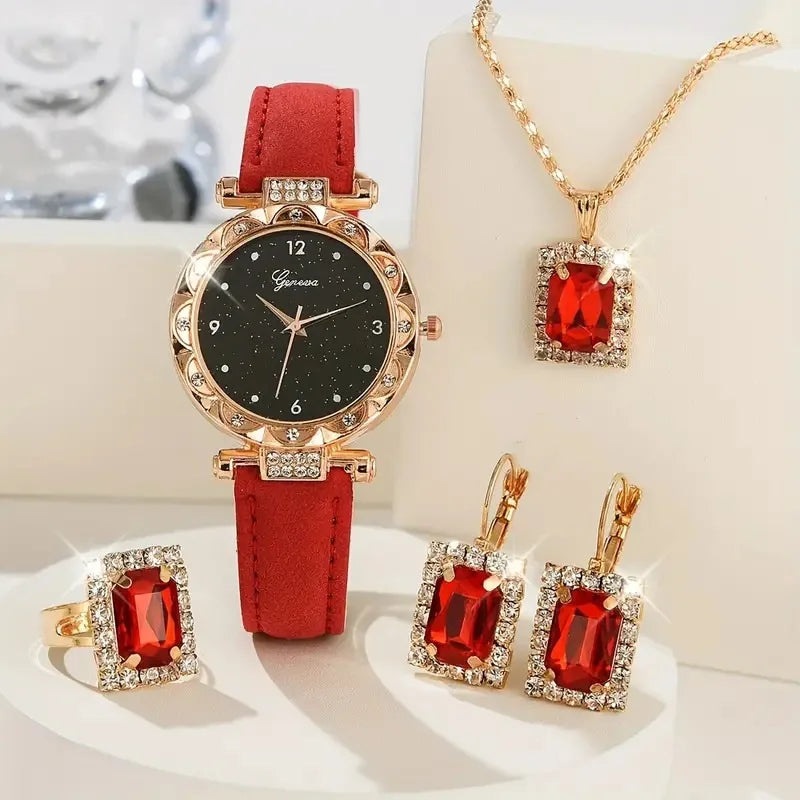 Womens Watches 5Pcs Set Luxury Rhinestone Women Fashion Elegant Wristwatch Quartz Watch For Girl WristWatch Bracelet Gift Qme Red