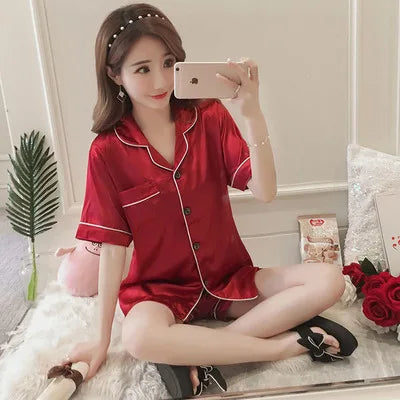 A Women's Sleepwear Simple Satin Pajama Set Long Sleeve Buttons Lapel Top With Elastic Pants Loungewear Nightwear 2 Piece Nighty Qme Double Short Rad1 5XL