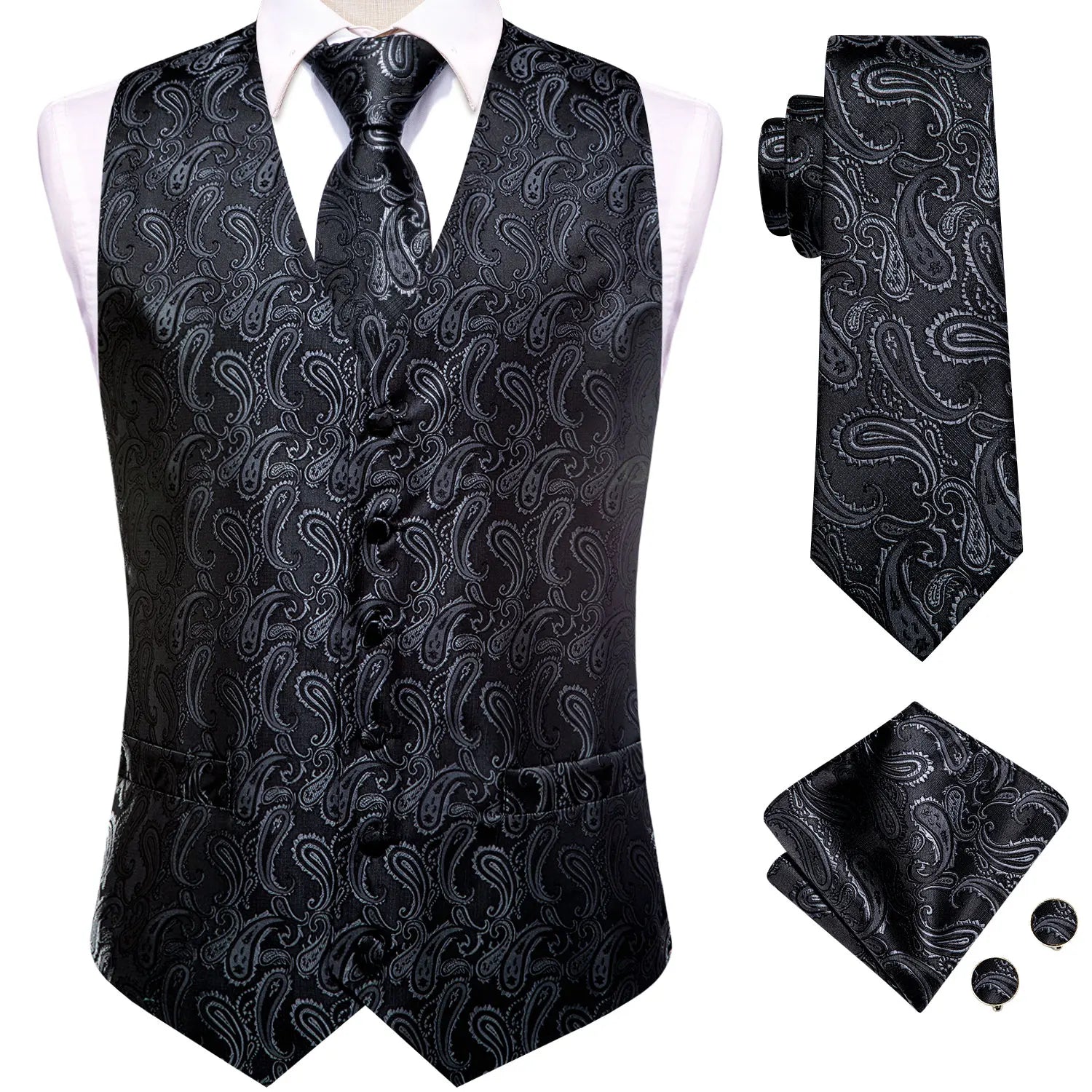 Hi-tie Silk Mens Suit Vests Woven Black Paisley Waistcoat Tie Pocket Qme MJ-3027 M