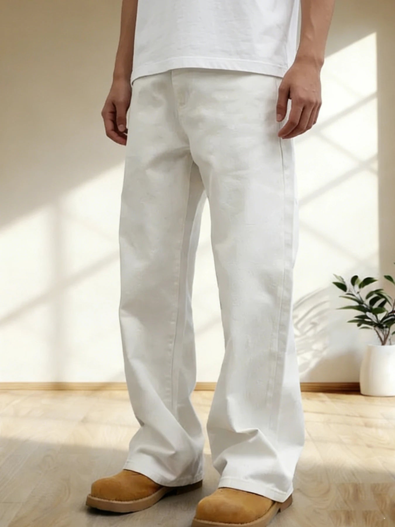 High-End Feeling Pure White Men's Jeans, Loose Wide-Leg Style That Flatters the Legs Qme