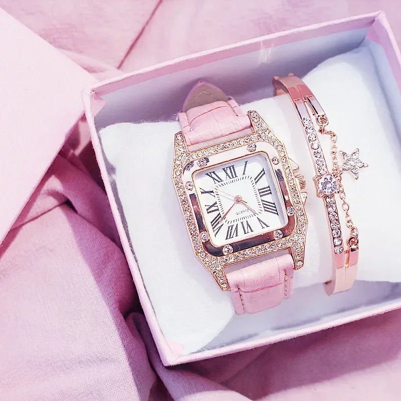 Women Diamond Watch Starry Square Dial Bracelet Watches Set Ladies Leather Band Quartz Wristwatch Female Clock Zegarek Damski Qme