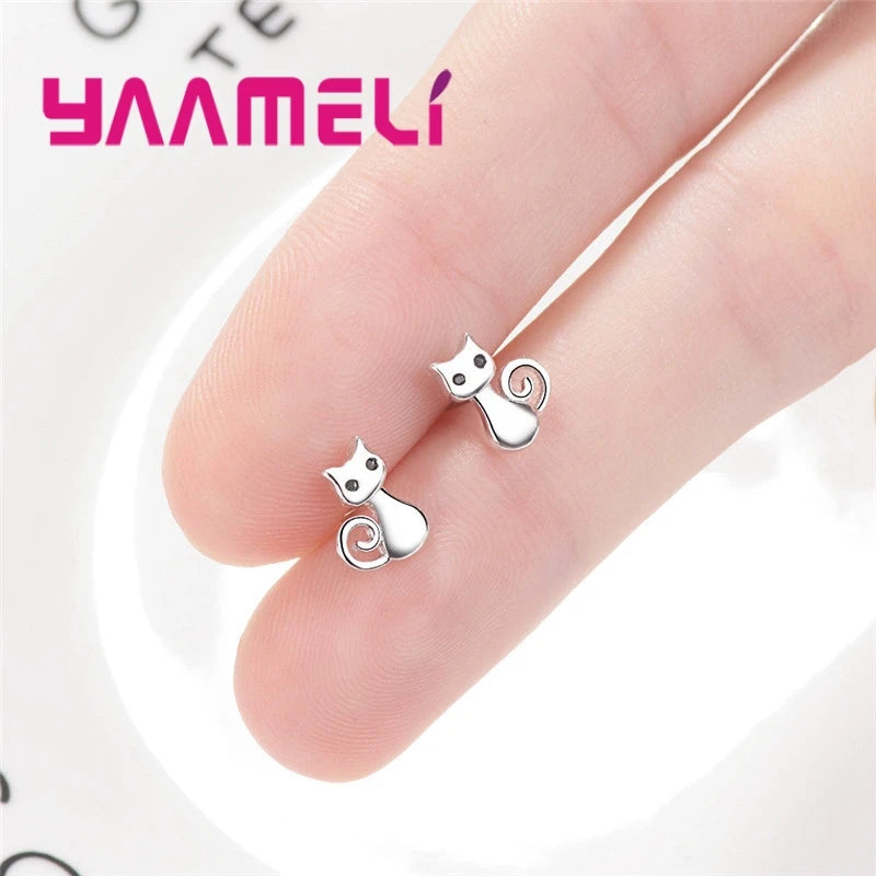 Cute Lovely Stud Earrings For Women Smart Cat Shape Jewelry Shiny Black Cubic Zirconia Top Quality 925 Sterling Silver Color Qme