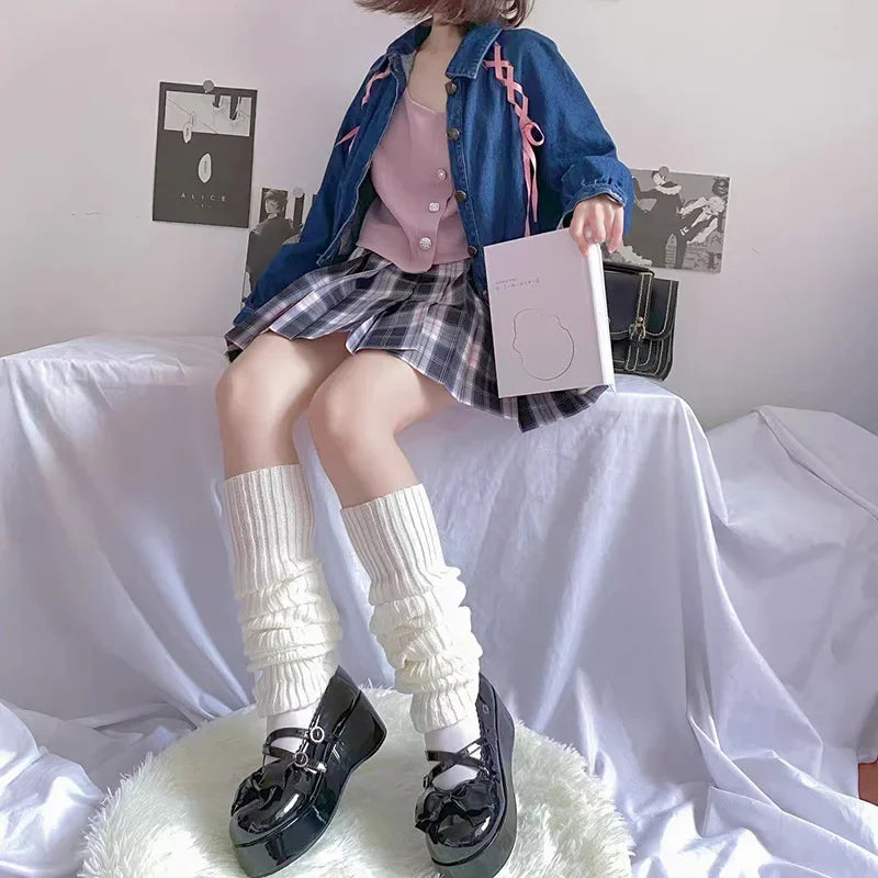 Women's Leg Warmers Lolita Long Socks JK College Knitted Warm Autumn Qme White 50cm One Size