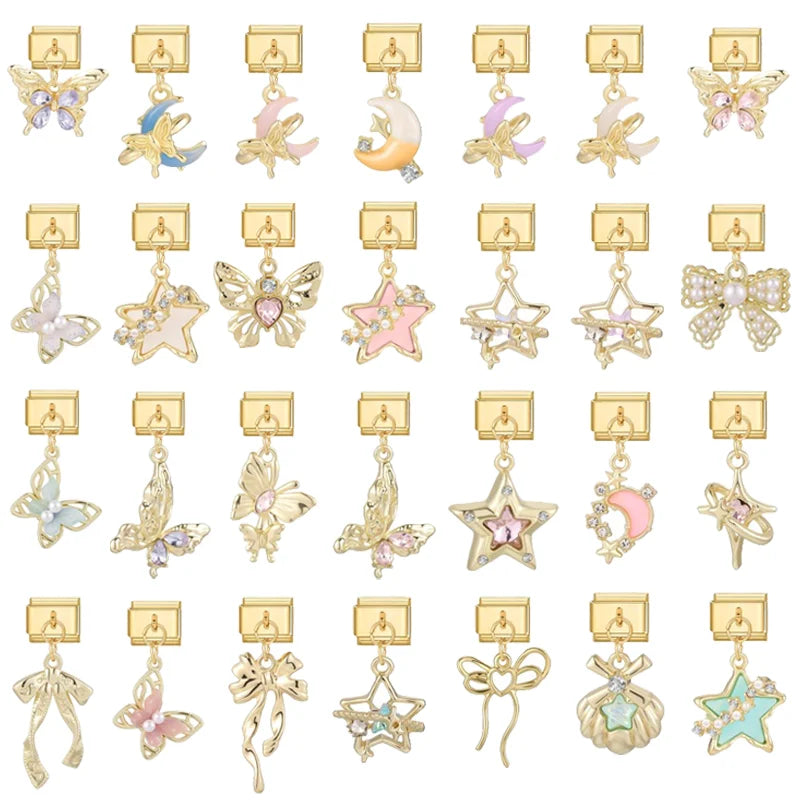 1Pc luxurious Italian style steel Stainless pendants inlaid with artificial zircon exquisite charm elegant Butterfly Moon Stars Qme
