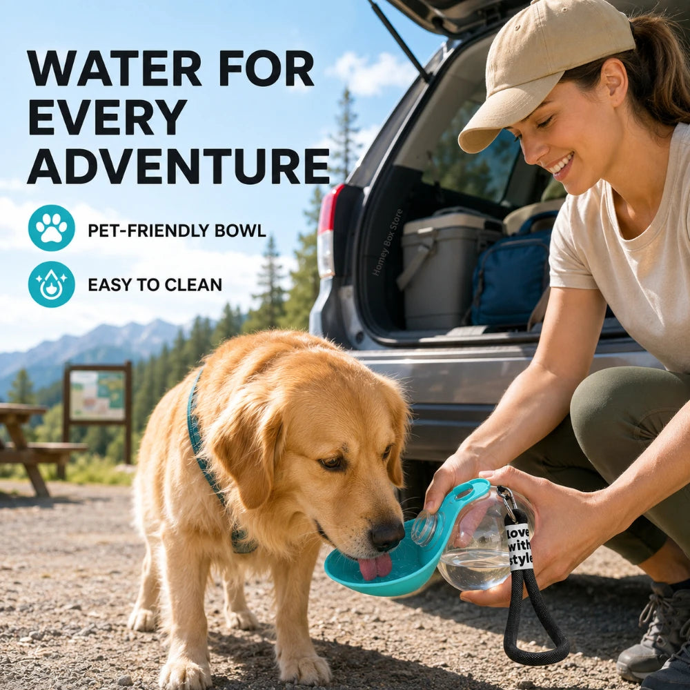 Portable 2 in 1 Dog Travel Water Bottle Leak Proof Pet Feeder Foldable Silicone Bowl And Lanyard For Outdoor Walking Hiking Qme