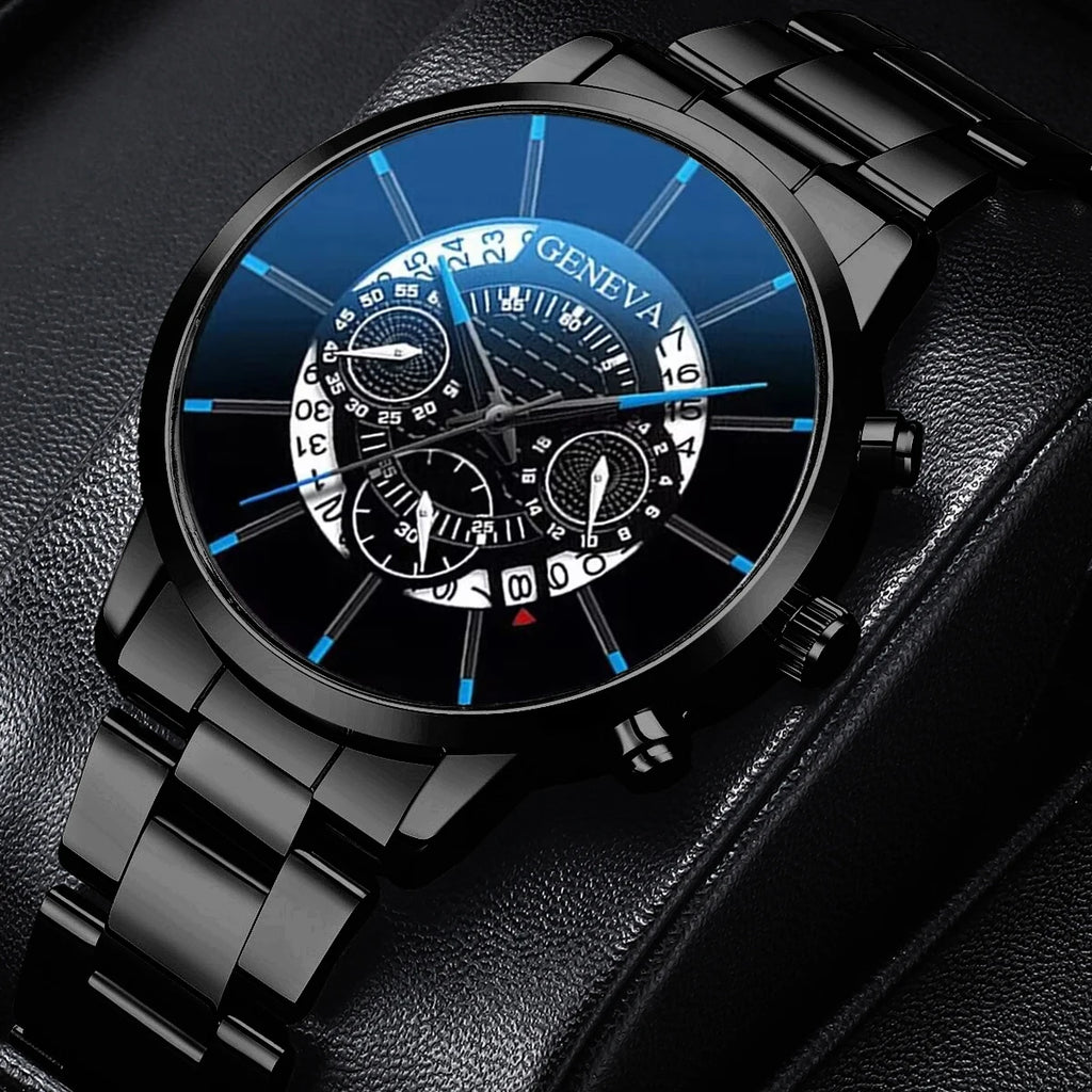 3 Pcs/set Men's Fashion Business Watches Steel Band Male Quartz Watch Casual Necklace Bracelet Wrist Watch Set (Without Box) Qme