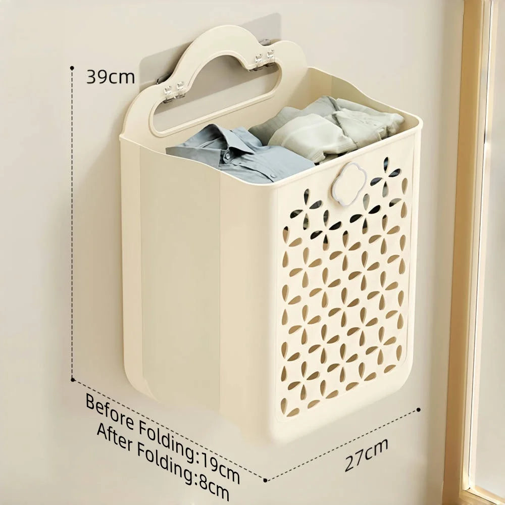 Large Capaci Folding Bathroom Laundry Basket Non perforated Wall-mounted Clothe Storage Baskets Bathroom Dirty Clothe Organizer Qme Cream White-Large