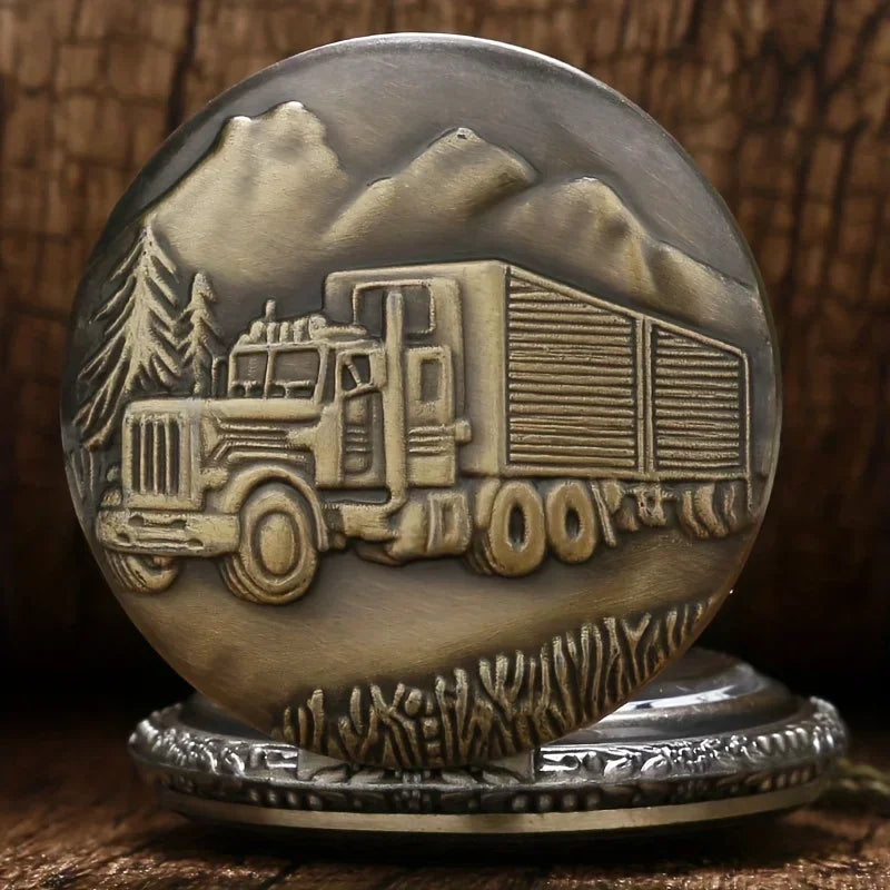 Bronze Big Truck Necklace Quartz Pocket Watch - Vintage Nostalgic Design, Perfect Holiday Gift for Teens Qme