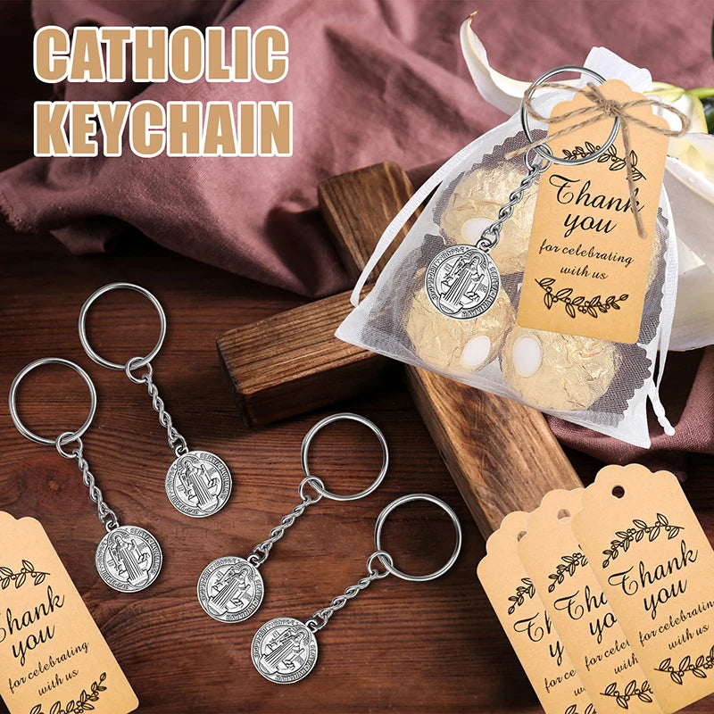 Baptism Key Ring Double Sided St Benedict Medal Keychain Organza Bags Qme