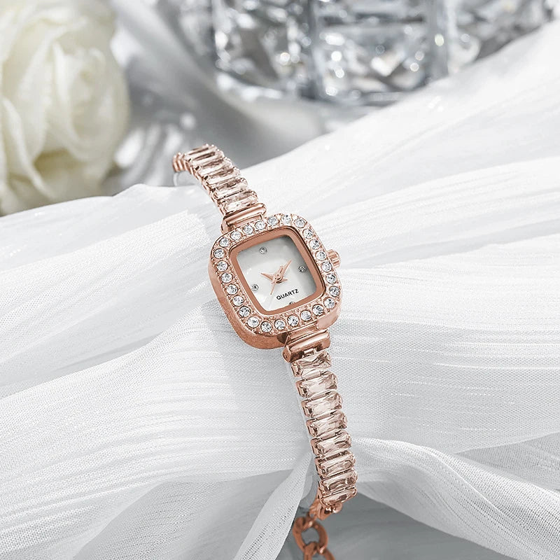 6 pieces/set of fashionable crystal watches for women with small square dials, quartz watches for women, jewelry set for women Qme