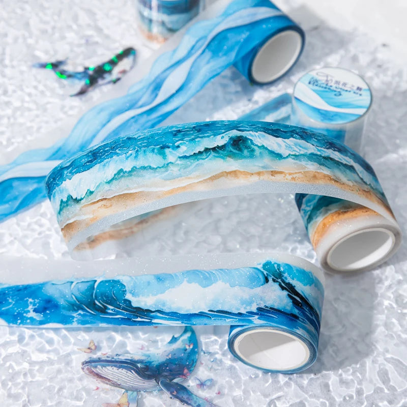 40mm*2m Ocean Wave Theme PET Tape INS Masking Adhesive Creative Decor Scrapbook supplies DIY Planner office stationery Stickers Qme