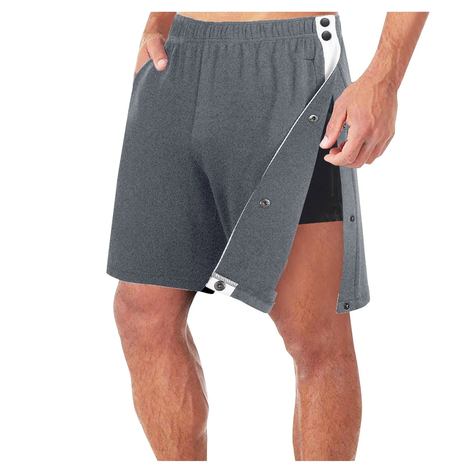 Man Loose Straight Side Buckle Split Elastic Waist Shorts With Pocket New Fashion Trendy Casual Sport Training Five Length Pants Qme Dark Gray XL