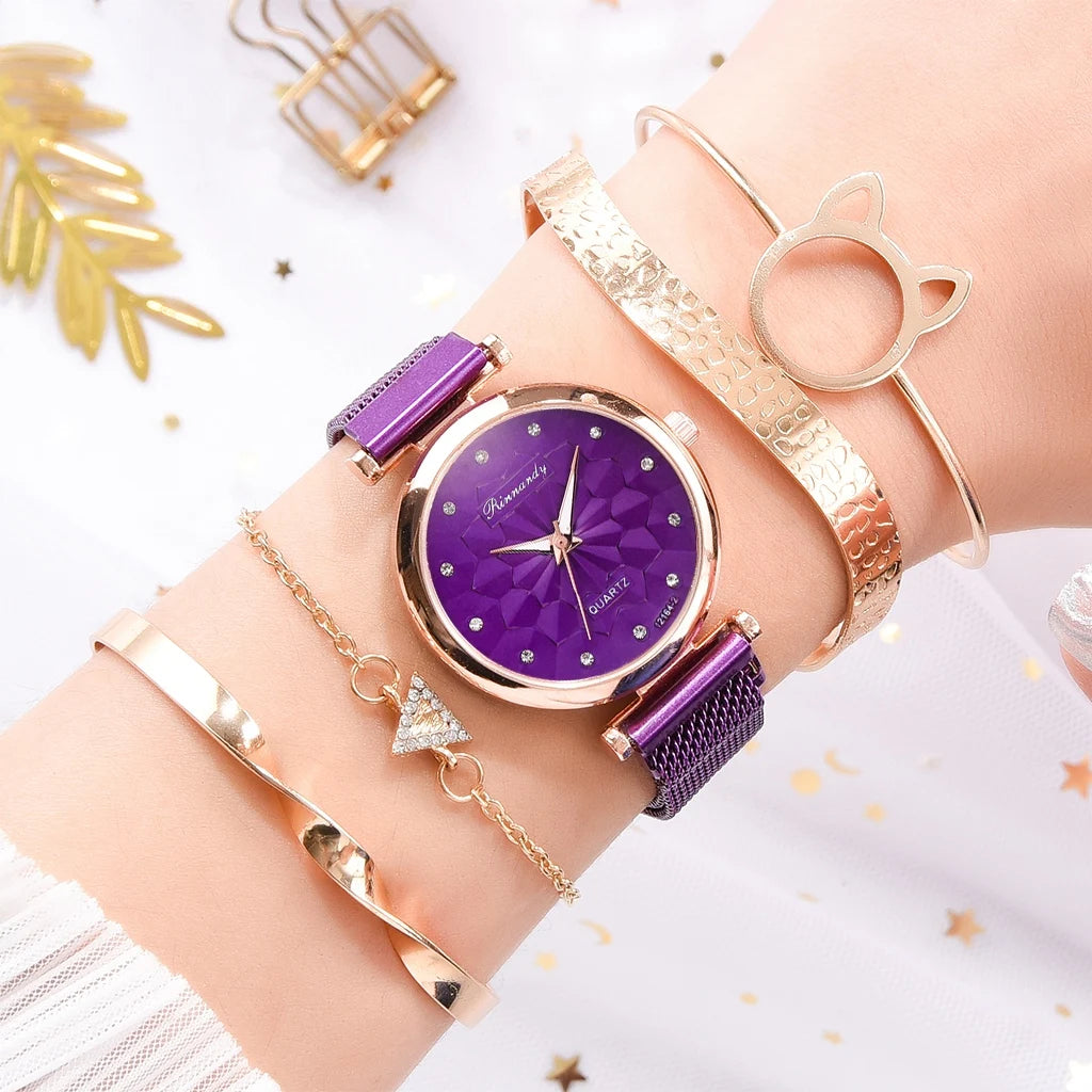 5PCS Bracelet Watches Set Fashion Women Rose Gold Mesh Belt Wristwatches Quartz Watch for Women Business Clock Relogio Feminino Qme